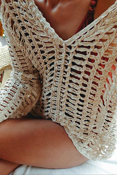 Knit Hollow V Neck Cover Up - girlyrose.com