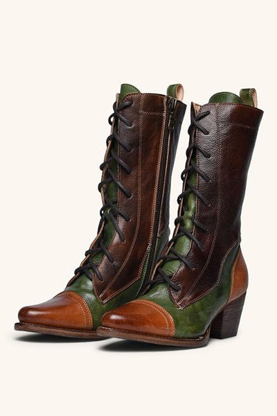 Viantage Leather Lace Up Chunky Heel Boots - girlyrose.com