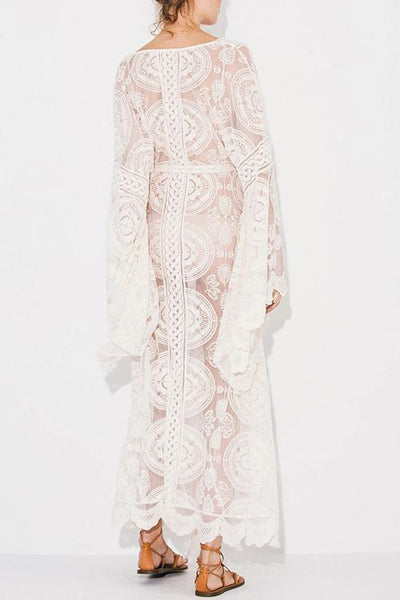 Flares Sleeve Lace Long Cover Up With Belted - girlyrose.com