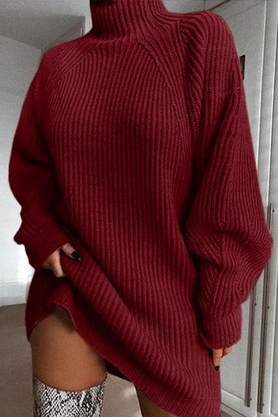 High Collar Puff Sleeve Mini Sweater Dress - girlyrose.com