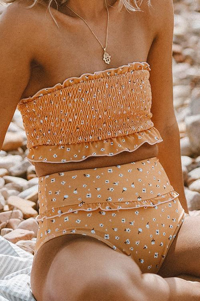Floral Print Ruffles Strapless Bikini Set