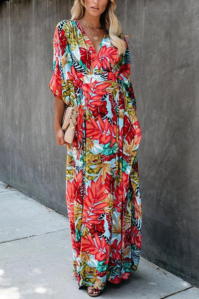 Floral Print V Neck Maxi Dress - girlyrose.com