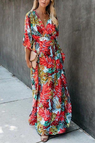 Floral Print V Neck Maxi Dress - girlyrose.com