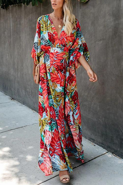 Floral Print V Neck Maxi Dress - girlyrose.com