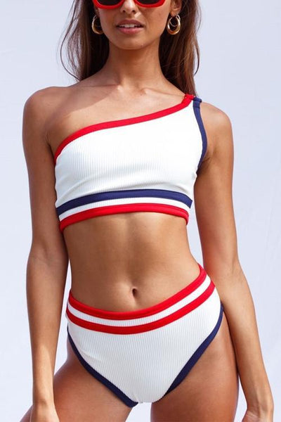 Stripe High Waist Bikini Set - girlyrose.com