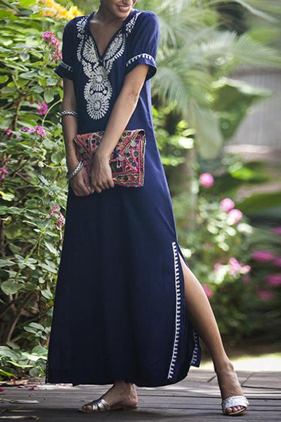 Embroidery Short Sleeve Cover Dress - girlyrose.com