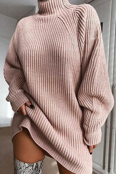 High Collar Puff Sleeve Mini Sweater Dress - girlyrose.com