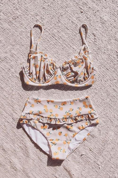 Orange Print High Waist Bikini Set - girlyrose.com