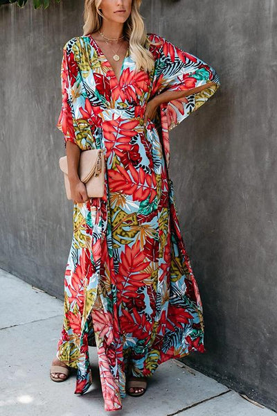 Floral Print V Neck Maxi Dress - girlyrose.com