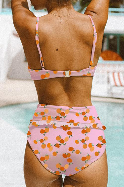 Orange Print High Waist Bikini Set - girlyrose.com