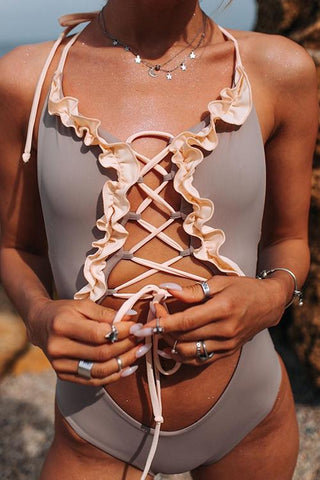 Ruffles Lace Up One Pieces Swimwear - girlyrose.com