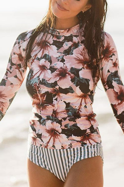 Floral Print Long Sleeve Bikini Set - girlyrose.com
