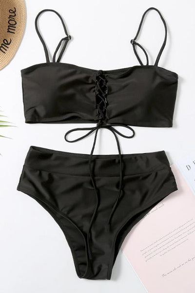 Lace Up High Waist Bikini Set - girlyrose.com