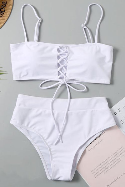 Lace Up High Waist Bikini Set - girlyrose.com