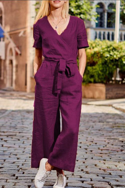 Loose Linen Wrap Jumpsuit - girlyrose.com