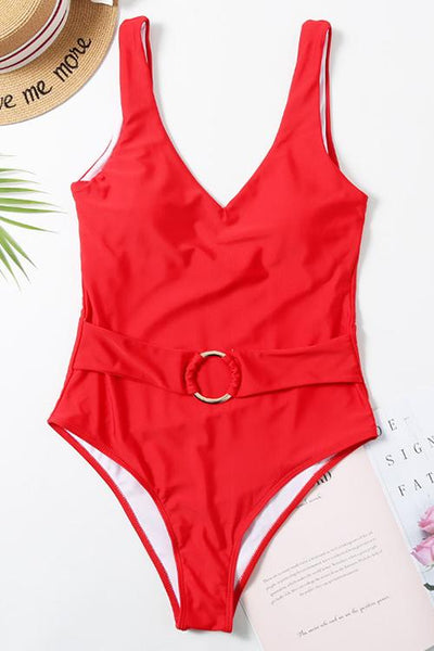 Solid V Neck One Piece Swimwear - girlyrose.com