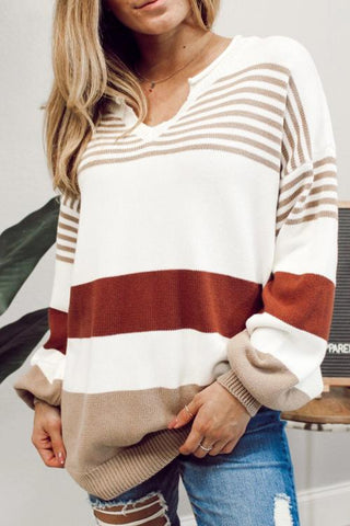 Stripe V Neck Loose Sweater - girlyrose.com