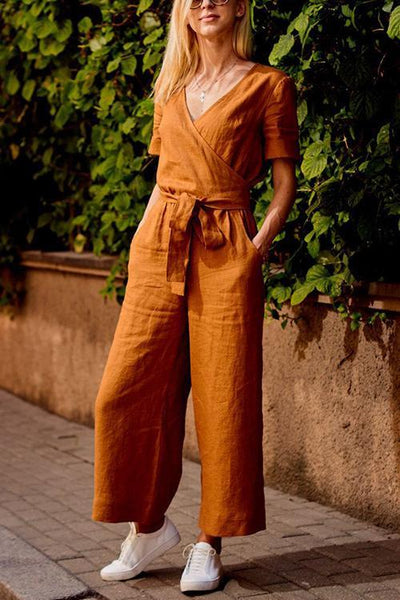 Loose Linen Wrap Jumpsuit - girlyrose.com