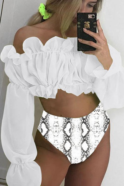 Ruffles Mesh Long Sleeve Bikini Set - girlyrose.com