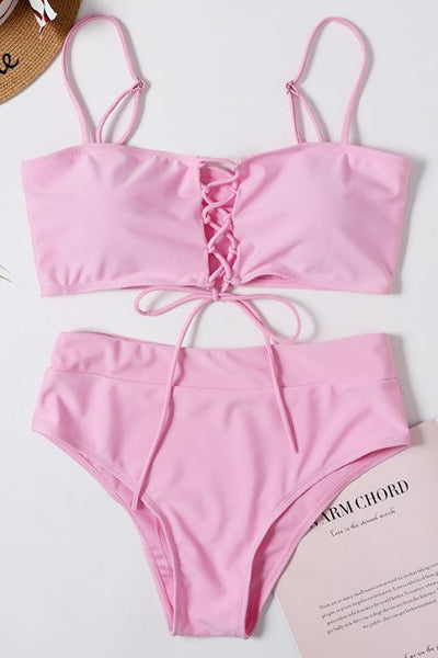 Lace Up High Waist Bikini Set - girlyrose.com