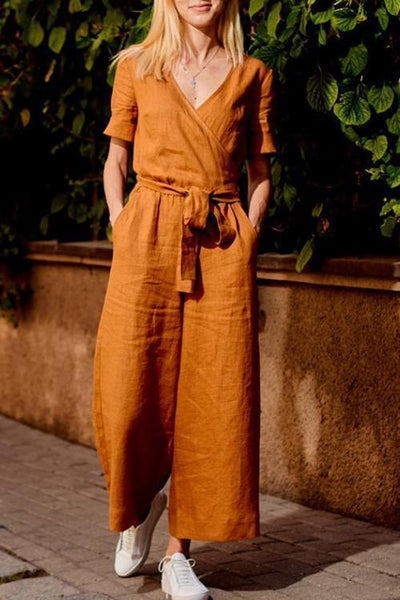 Loose Linen Wrap Jumpsuit - girlyrose.com