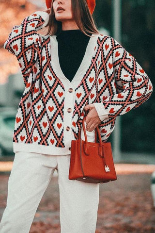 Heart Print Button Cardigan - girlyrose.com