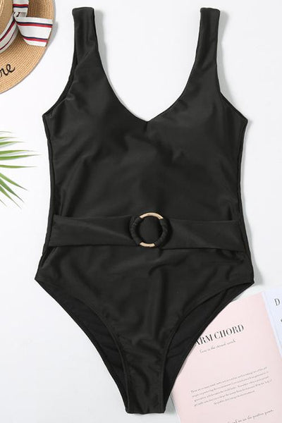 Solid V Neck One Piece Swimwear - girlyrose.com