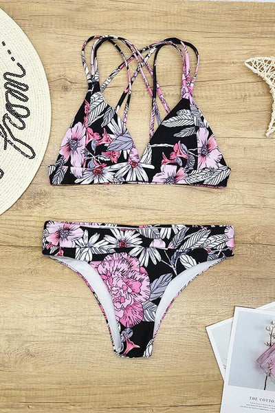 Floral Print Cross Bikini Set - girlyrose.com