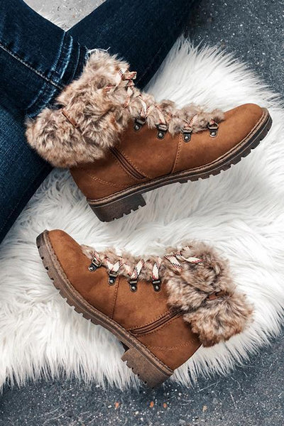 Faux Fur Lace Up Ankle Boots - girlyrose.com