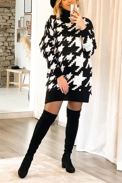 Houndstooth High Collar Sweater