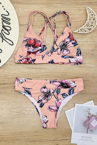 Floral Print Cross Bikini Set - girlyrose.com