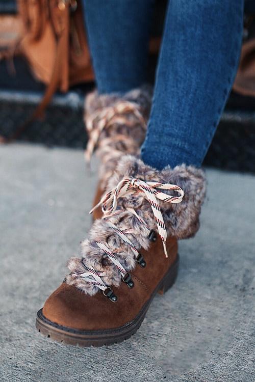 Faux Fur Lace Up Ankle Boots - girlyrose.com