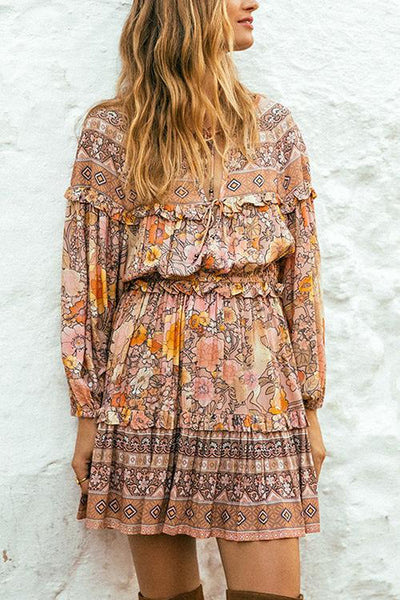 Floral Print Long Sleeve Mini Dress - girlyrose.com