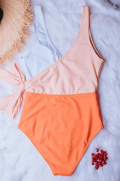 Color Block Lace Up One Piece Swimwear - girlyrose.com