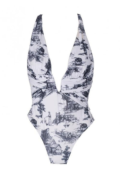 Print Deep V Neck Backless One Piece Swimwear - girlyrose.com