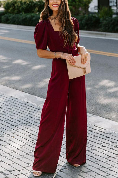 Sqaure Neck Puff Short Sleeve Jumpsuits