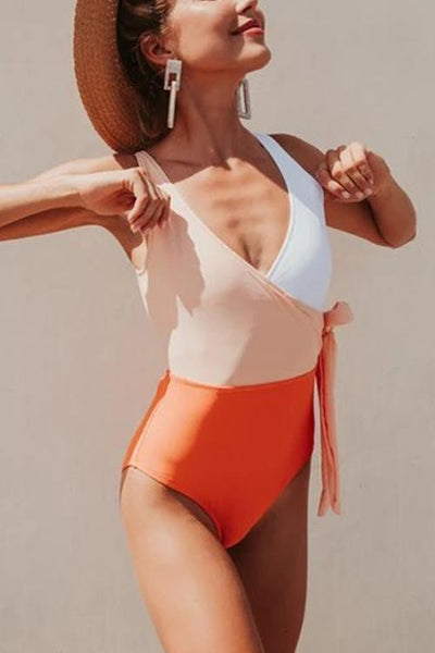 Color Block Lace Up One Piece Swimwear - girlyrose.com