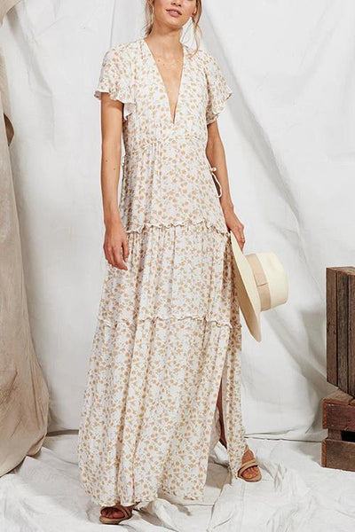 Floral Print Side Slit Maxi Dress - girlyrose.com
