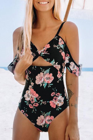 Cut Out Floral Print One Piece Swimwear - girlyrose.com