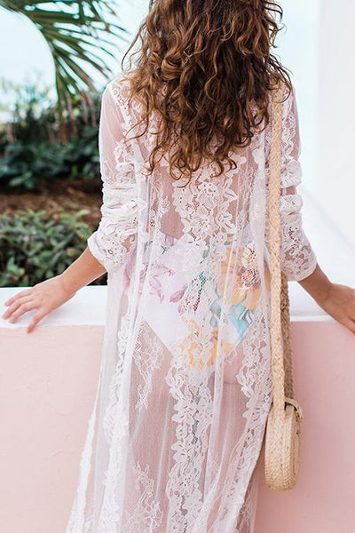 Lace See Though Long Sleeve Cardigan - girlyrose.com