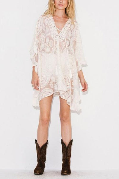 Lace Up Loose Mini Cover Dress - girlyrose.com