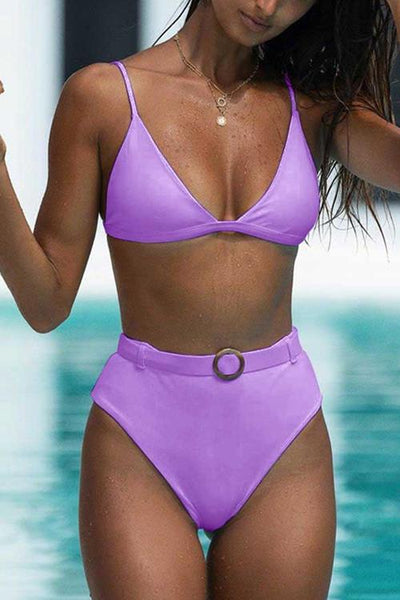 Solid High Waist Bikini Set With Belt - girlyrose.com