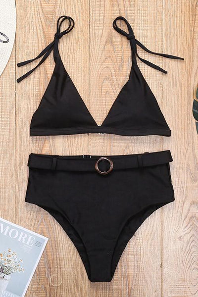 Solid High Waist Bikini Set With Belt - girlyrose.com