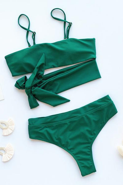 Tied Strapless Solid Bikini Set - girlyrose.com