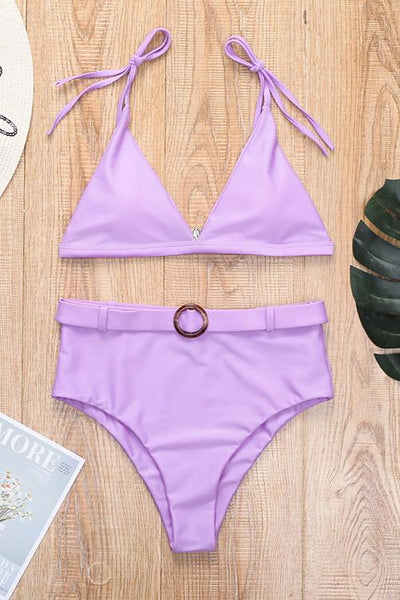 Solid High Waist Bikini Set With Belt - girlyrose.com