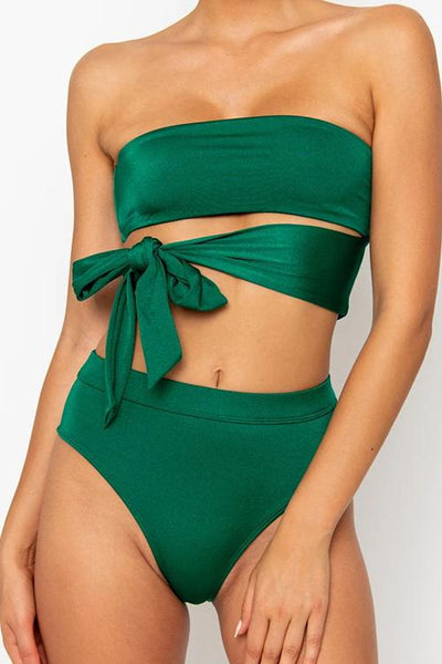 Tied Strapless Solid Bikini Set - girlyrose.com