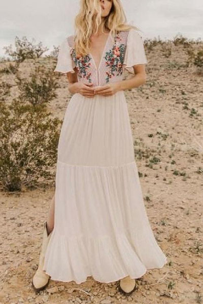 Embroidery Short Sleeve Maxi Cover Dress - girlyrose.com