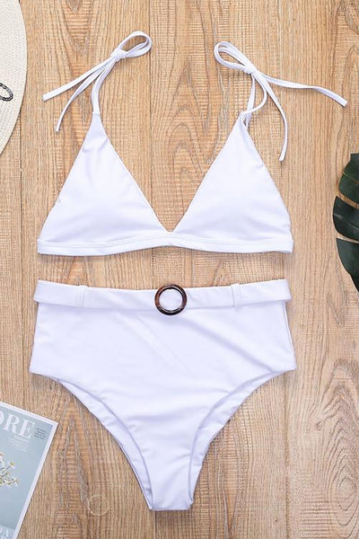Solid High Waist Bikini Set With Belt - girlyrose.com