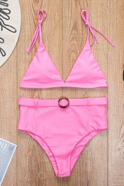 Solid High Waist Bikini Set With Belt - girlyrose.com