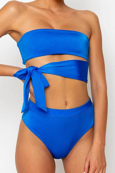 Tied Strapless Solid Bikini Set - girlyrose.com